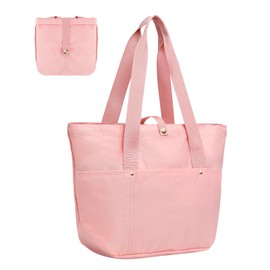 SUIKIHUM Tote Bag for Women, Work Bag Handbag Polyester Foldable Waterproof with Zipper, Large Capacity for Gym Travel Beach Essentials, Pink