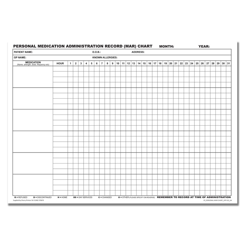 Cherry Personal MAR Chart (Medication Administration Record) Pad A4 12pages