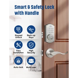 ELAMOR M19 Keyless Entry Door Lock with 2 Lever Handles, Auto Lock, 50 User Codes, Easy-to-Install Smart Door Lock for Front Door, Waterproof Security Handle Set, Home/Hotel Use, Sand Nickel