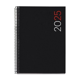 Miquelrius - 2025 Calendar Year Planner 155 x 213 mm Week to View Flexible Polypropylene Cover Spiral Bound Paper 80gsm Spanish English Portuguese Black