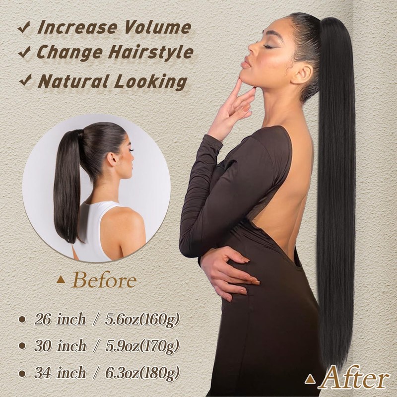 BARSDAR Black Ponytail Extension - 34 Inch Drawstring Long Straight