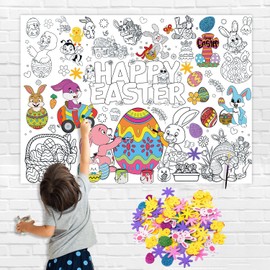 LAMOOER Happy Easter Giant Coloring Poster with Colorful Glitter Bunny Egg Foam Stickers, Coloring Poster Craft Decoration for Kids Classroom Party Activity Poster (Easter)