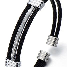 COOLSTEELANDBEYOND Mens Womens Stainless Steel Twisted Cable Adjustable Cuff Bangle Bracelet Silver Black Two Tone