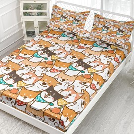 AILONEN Puppy Fitted Sheet Set Full Size, Cute Shiba Inu Dog Bed Sheet Set,Welsh Corgi Dog Puppy Sheets Set,Boys Girls Cartoon Pet Animals Bed Sheets Set 3 Pieces, 1 Fitted Sheet and 2 Pillowcases