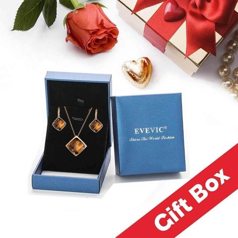 EVEVIC Square Austrian Crystal Necklace Earrings for Women Fashion 18K