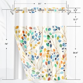 Nesphy No Hook Colorful Leaves Ivory Shower Curtain with Snap in Fabric Liner Set, Floral Leaf Modern Double Layers Waterproof Fabric with See Through Top Window Open Grommet Bath Curtain 71x74 Inch