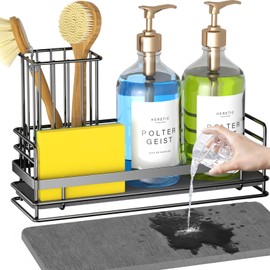 Yofidra Sink Caddy with Stone Drying Tray: Stainless Steel Soap Dispenser Kitchen Sink Organizer Set, Sponge Holder Counter Accessories Decor for Kitchen Organizers and Storage 8.1x3.5x4.5 in White