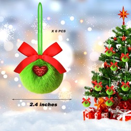 Chewarelly 6 Pack Lime Green Furry Christmas Ball Ornaments with Red Bow