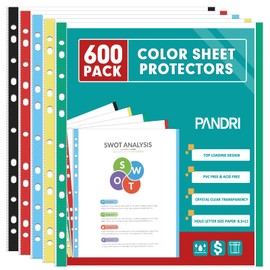 Sheet Protectors, PANDRI 600 Pack Color Heavy Duty Plastic Page Protectors Sheet Reinforced 11-Hole Fit for 3 Ring Binder Fits Standard 8.5 x 11 Paper, 9.25 x 11.25 Top Loaded, Excluding Acid