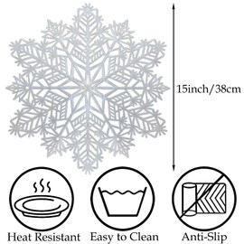 Christmas Snowflake Placemats Set of 6 Round Snow Tablemats, Silver Vinyl Place Mats Christmas Decorations for Table Party Kitchen Dining Holiday Wedding 15 Inch