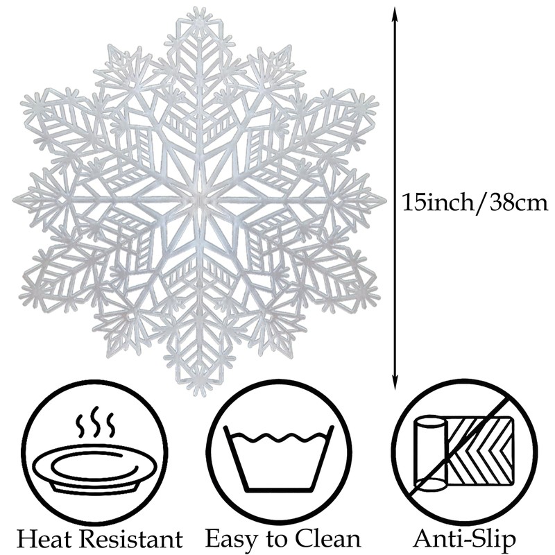 Christmas Snowflake Placemats Set of 6 Round Snow Tablemats, Silver