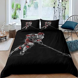 Ice Hockey Bedding Set Winter Ice Sports Theme Comforter Cover for Kids Boys Girls Teens Hockey Player Print Duvet Cover Black Winter Sports Hobby Bedspread Cover Room Decor Quilt Cover Single Size