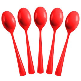 Exquisite Solid Color Premium Plastic Cutlery, Heavy Duty Plastic Disposable Spoons - 50 Count - Red