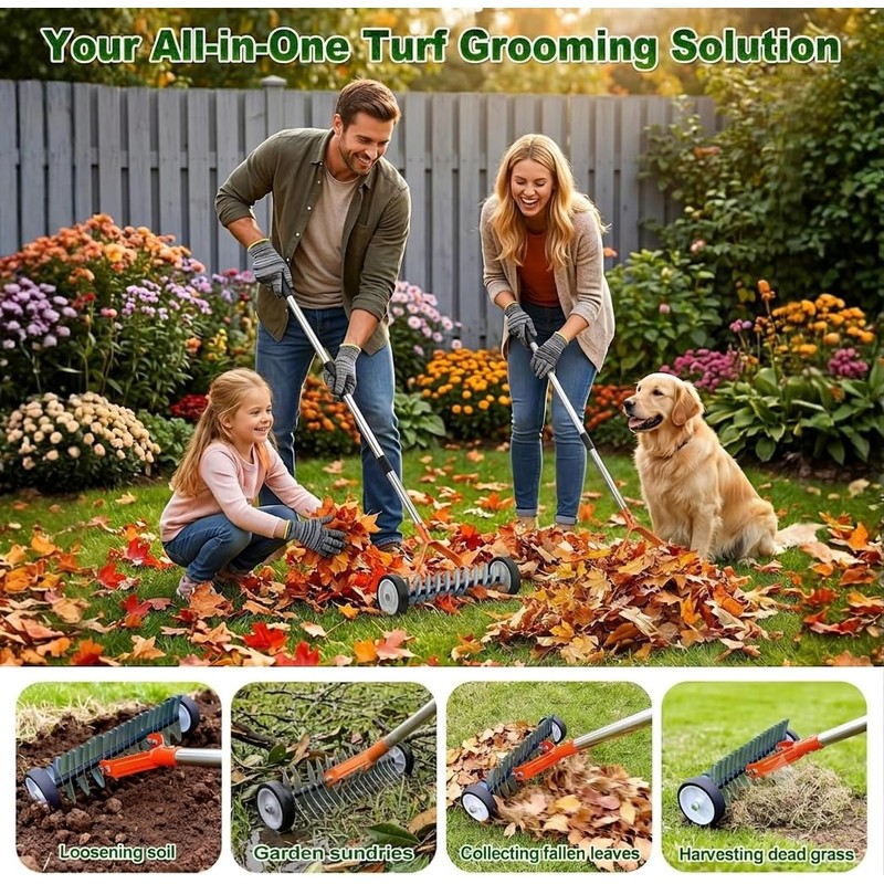 Wheeled Dethatching Rake for Lawn - 15" Heavy Duty Stainless