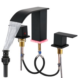 Bathroom Faucets 8 Inch Widespread Bathroom Sink Two Handles Matte Black Modern 3 Hole Waterfall Vanity Sink Faucet for 3 Hole with LED Light with Pop Up Drain