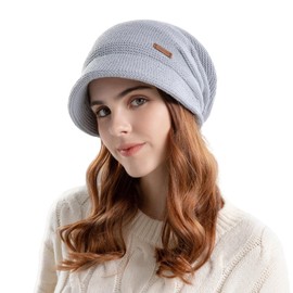 AYPOW Women's Winter Knitted Slouchy Hat with Visor, Beret Hat, Fleece Lined, Warm Winter Hat with Brim, Sweater Ear Protection Hat, Newsboy Hat, Daily Winter Outdoor Hat for Women, lightgrey