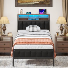 VECELO Farmhouse Metal Bed Frame Twin Size with Wooden Headboard & Footboard, Solid Platform Mattress Foundation with Storage, LED Light, Charging Station, USB Ports, Noise-Free, Easy Assembly, Black