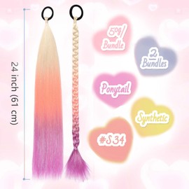 Rainbow Ponytail Extensions With Hair Tie 2 Packs 50g/Pack Coloured Hair Extensions for Braiding 26 inch Colorful Ombre Mermaid Pony Tail Synthetic Hair Extensions for Girl Women S34