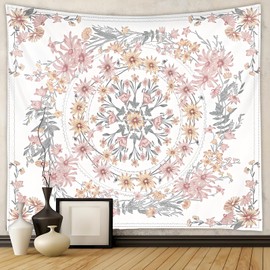 giteo bedding Tapestry Wall Hanging, Bohemian Pastel Floral Mandala Design, Hippie Tapestries for Bedroom Dorm Living Room Decor Aesthetic, Psychedelic Artwork with Soft Color Palette (130x150 cm)