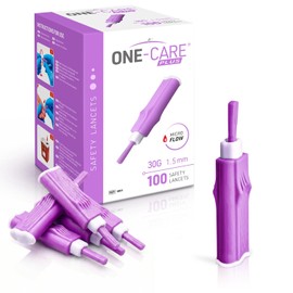 ONE-CARE Plus Safety Lancets, Contact-Activated, 30G x 1.5mm, 100/bx, Single Use Fingerstick Lancets, Easy & Gentle Use, Box of 100