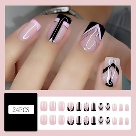 CEWEWP Black Geometric French Tip Press on Nails with Glue,Glossy Medium Square Fake Nails,Stylish Y2k False Nails with Design,Pink Pure Desire ABS Resin Acrylic Stick on Nails for Women Girls 24Pcs