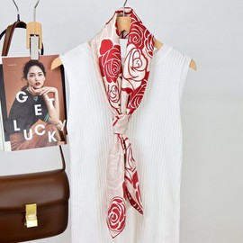 ANDANTINO 100% Pure Mulberry Silk Scarf 35" Large Square Lightweight Headscarf –Women’s Hair Wraps-With Gift Packed(Red&White Roses-Twill)