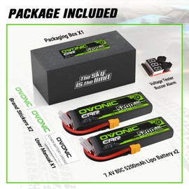 OVONIC Lipo Battery 2S 5200mAh Battery 7.4V 80C Battery with XT60 Plug Hard Case for 1/8 1/10 RC Vehicles Car Slash RC Buggy Truggy RC Airplane UAV Drone(2 Packs)(with Lipo Voltage Checker)
