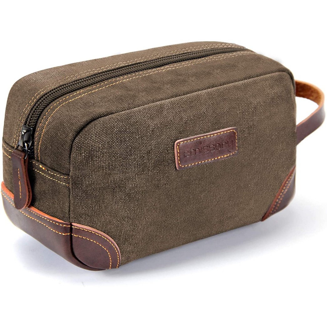 emissary Men's Toiletry Bag Leather and Canvas Travel Toiletry Bag Dopp Kit for Men Shaving Bag for Travel Accessories（Coffee)