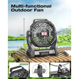 Portable Rechargeable Camping Fan, Cordless Battery Powered Outdoor Fans with LED Light, High Speed Beach Fan with Hanging Hook, 270°Rotation USB Personal Cooling Fan for Tents, Camp, Travel, Fishing