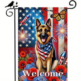 BlissYard 4th of July Garden Flag 12x18 Double Sided Welcome American USA Patriotic German Shepherd Garden Yard Burlap House Flags for Memorial Veterans Independence Day Outdoor Decor