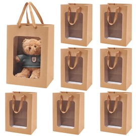 BENECREAT 8 Pack Transparent Window Brown Kraft Paper Bags, 13.7x9.8x7.1inch Gift Bag with Handles for Birthday, Wedding, Party, Anniversary