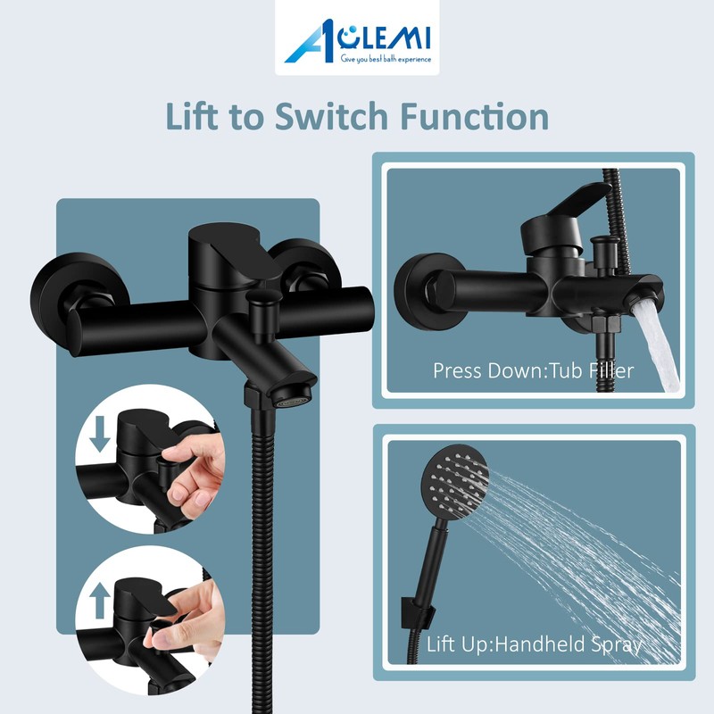 Aolemi Matte Black Wall Mount Bathtub Faucet with Handheld Sprayer