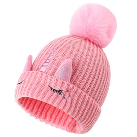 Cheerful Mario Baby Girls Knitted Hat Girls 3-9 Y Winter Warm Beanie Cosy Fleece Lining Cute Unicorn Pattern with Pom Pom Pink-A