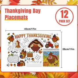 Whaline 12Pcs Fall Thanksgiving Paper Place Mats Coloring Activity Paper Table Mats Happy Thanksgiving Turkey Disposable Placemats for Autumn Holiday Party Table Decor, 17 x 11 Inch