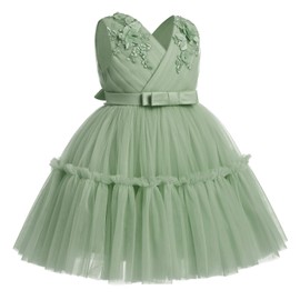 ODASDO Toddler Birthday Dress, Flower Girl Dresses for Wedding Bridesmaid Kids V-Neck Sleeveless Tulle Tutu Princess Special Occasion Formal Pageant Party Ball Prom Gown Summer Spring Sage Green 2-3Y