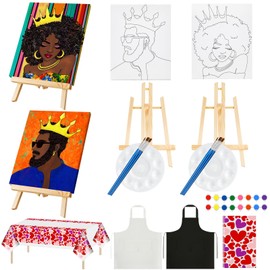 Yeaqee 13 Pcs Sip and Paint Kit Couple Painting Kit Supplies Afro King Queen Canvas Painting Art Painting Set Pre Drawn Stretch Canvas Kit for Couple Date Night Party