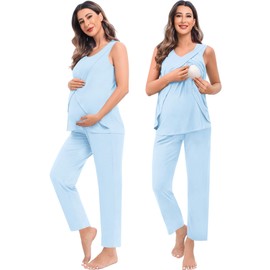 SWOMOG Maternity Nursing Robe Set 3 PCS Postpartum Breastfeeding Pajamas Hospital Pregnancy Pjs Double Layer Lounge Set, Light Blue Large