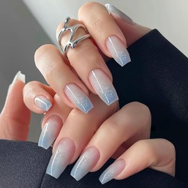 Vokupoga Coffin Press on Nails Medium Fake Nails Blue Ombre False Nails with Designs Blue Glitter Nail Press ons Glossy Glue on Nails Acrylic Artificial Nails Summer Stick on Nails for Women 24Pcs