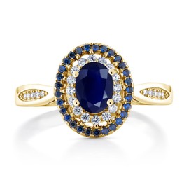 Anillo de compromiso de plata chapada en oro amarillo de 18 quilates con piedra preciosa y zafiro azul rey para mujer (1.62 quilates, ovalado 7 x 5 mm, piedra natal de piedras preciosas, disponible en tamaño 5, 6, 7, 8, 9), Metal Gema, Zafiro Zirconia cú