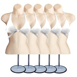 DisplayTown Female Mannequin Torso with Metal Stand Hollow Back Body Stackable Dress Form for Tshirt Display, Countertop, Craft Shows, Photos and Design, S-M Clothing Size (Flesh, Set of 5)