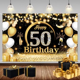 ZAHRVIA 50th Birthday Banner Black Gold, 50th Birthday Party Decorations, 50th Birthday Background Banner, Fabric Sign Poster Background for 50th Birthday Party Decoration Birthday Man Woman