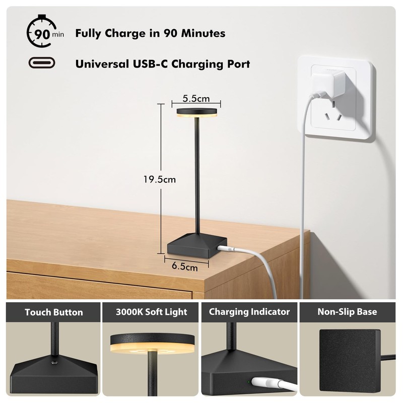 FUNTAPHANTA 3 Pack Black Small Cordless Table Lamps Rechargeable, Battery