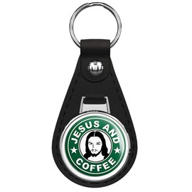 PRS Vinyl Green Round JESUS and COFFEE Logo (JC Christian Pray Prayer) Black Leather Keychain Silver Keyring