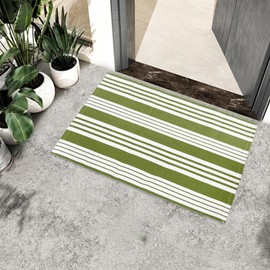 USTIDE Green and White Front Door Rug 23.6'' x 35'' Striped Layered Doormats Cotton Hand-Woven Reversible Outdoor Rug Washable Welcome Mats for Front Porch/Entryway/Laundry/Bathroom/Bedroom
