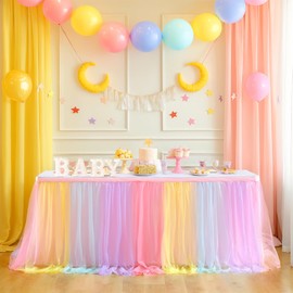 Suppromo Rainbow Table Skirt for Birthday Party 6ft Unicorn Tulle Tutu Table Skirt for Baby Shower Girl Boy Gender Reveal Rainbow Tablecloth for Unicorn Party Decorations(L6(ft) H 30in, Rainbow)