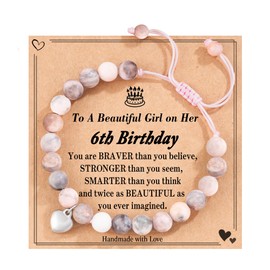 POWWA 4-16 Years Birthday Gifts for Girls, Pink Zebra Natural Stone Bracelet with Cute Heart Pendant and Message Card for Daughter/Granddaughter/Niece Birthday Gifts for Girls, Stainless Steel, No