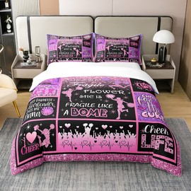 100% Cotton Cheerleading Duvet Cover, Cheer Gifts, Cheerleader Loves Bedding Set for Girls, Cheer Pink Sequins, Comfort Cover, 135 x 200 cm, Geometric Plaid Patchwork Bed with 1 Pillowcase