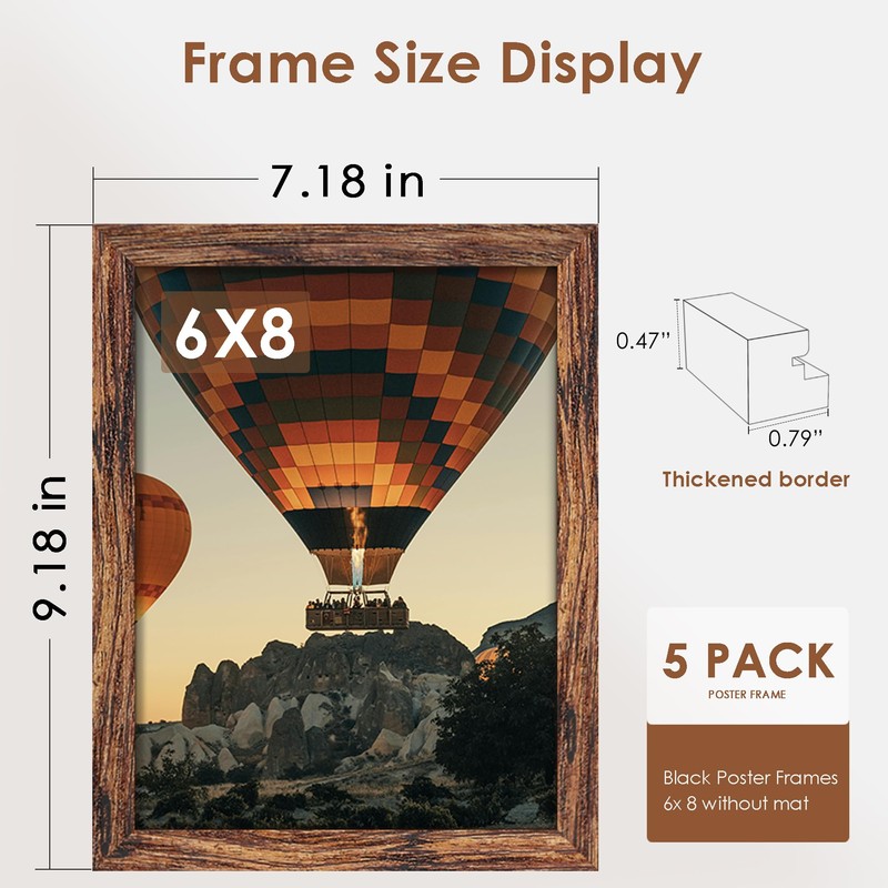 6x8 Picture Frame 5 Pack, Classic Brown Photo Frame for