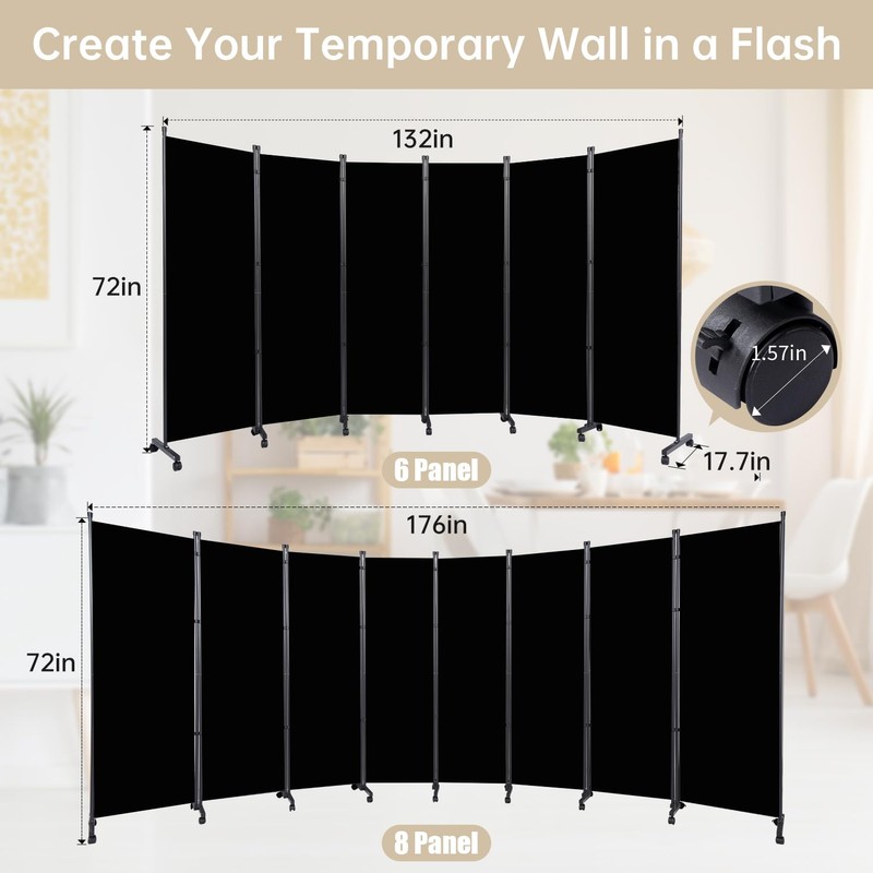 Room Divider 6 Panel Room Dividers/Wheels, Fabric Room Divider Panel