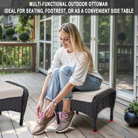 Belord Outdoor Ottomans for Patio Foot Rest - 25 Inch PE Wicker Foot Stool Set of 2 with Removable Cushions for Patio Furniture Sets,All Weather Rattan Ottoman for Balcony Deck Backyard Black